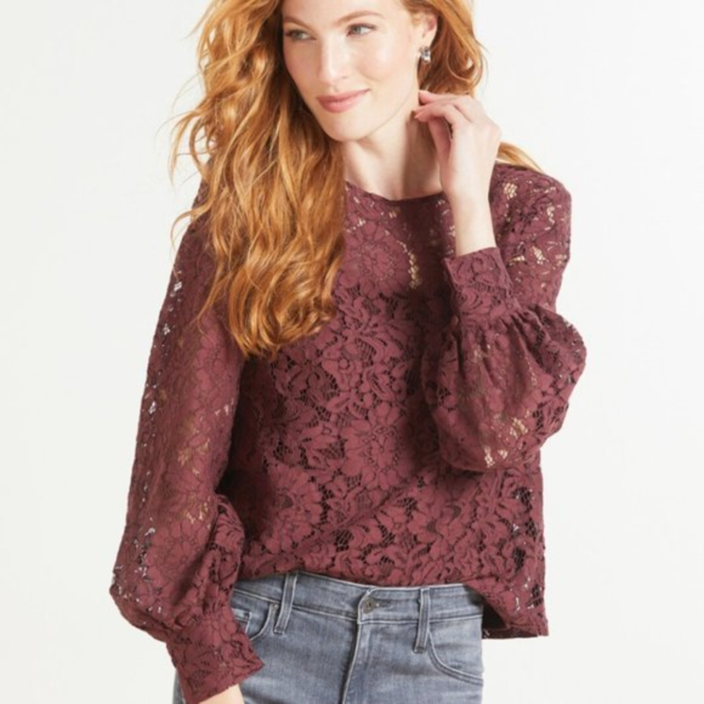 Women's NWT Evereve Allison Joy Burgundy Aviva Volume Sleeve‎ Lace Top